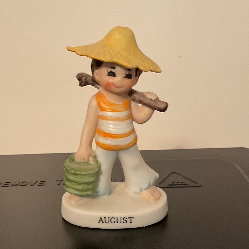 Lefton August Figurine with Yellow Hat and Green Basket